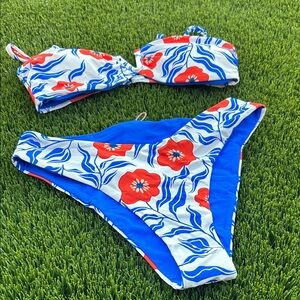 Red & Blue Floral Bandeau Bikini — Women's Two-Piece Swim Set